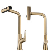 Brushed Gold Kitchen Waterfall Faucet with Pull Down Sprayer, Single Handle, 360° Rotating Zinc Alloy