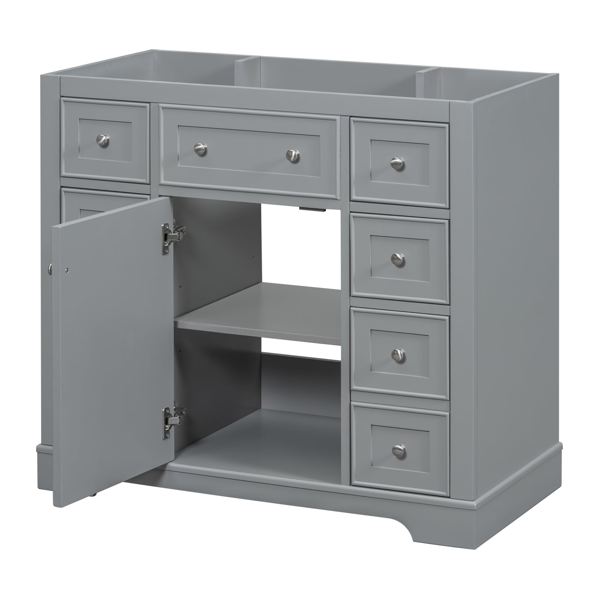 36' Bathroom Vanity without Sink, Cabinet Base Only, One Cabinet and Six Drawers, Grey