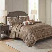 6 Piece Jacquard Quilt Set with Throw Pillows Brown/Gold King/Cal King