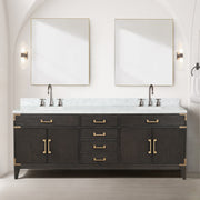 Brown Oak Double Bath Vanity 84 in. W x 22 in. D, Carrara Marble Top, and Faucet Set