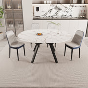 47-63' expandable circular dining tables , equipped with 4 PU fabric thick cushioned dining chairs and an elegant and spacious dining table, kitchen table and chair, with black metal legs