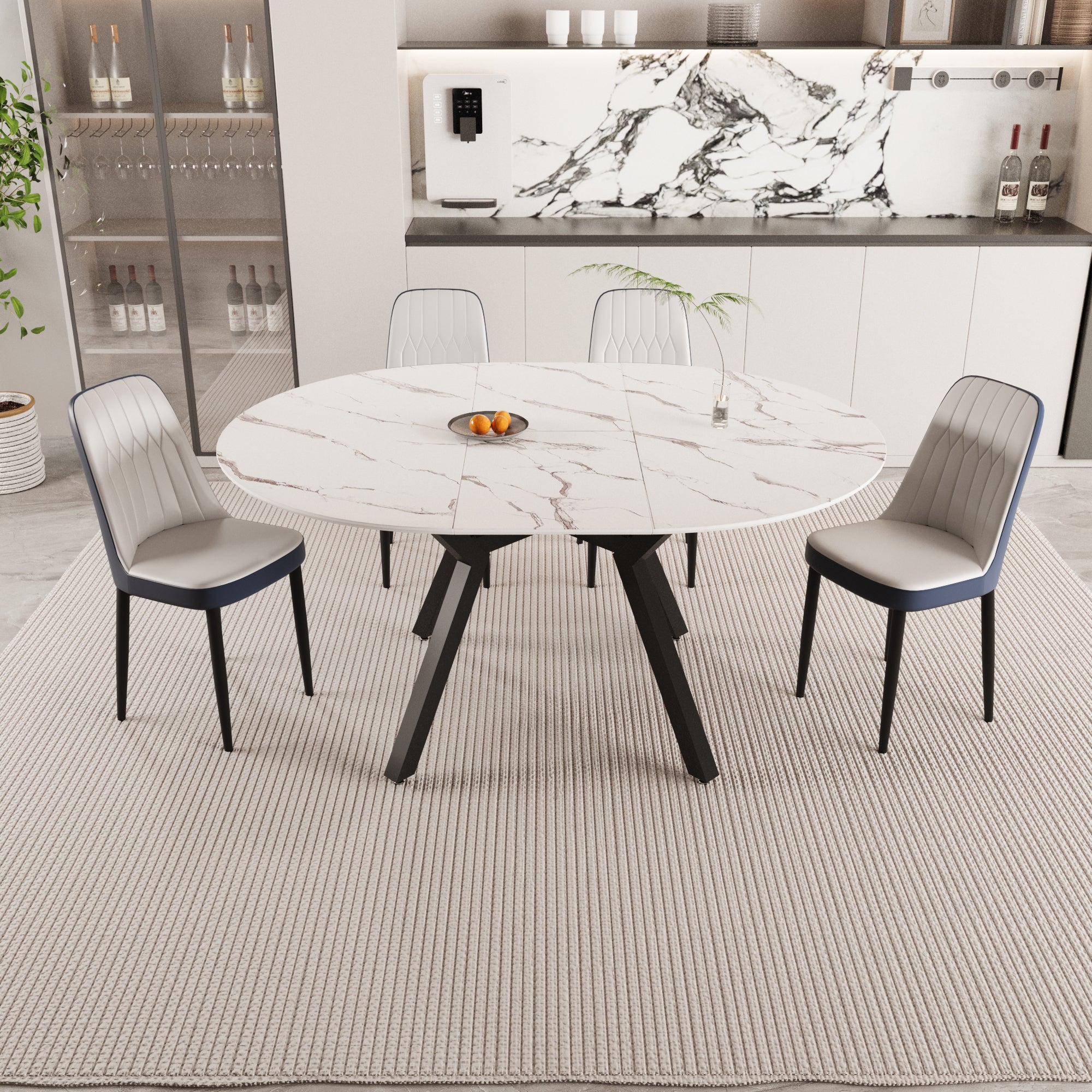 47-63' expandable circular dining tables , equipped with 4 PU fabric thick cushioned dining chairs and an elegant and spacious dining table, kitchen table and chair, with black metal legs