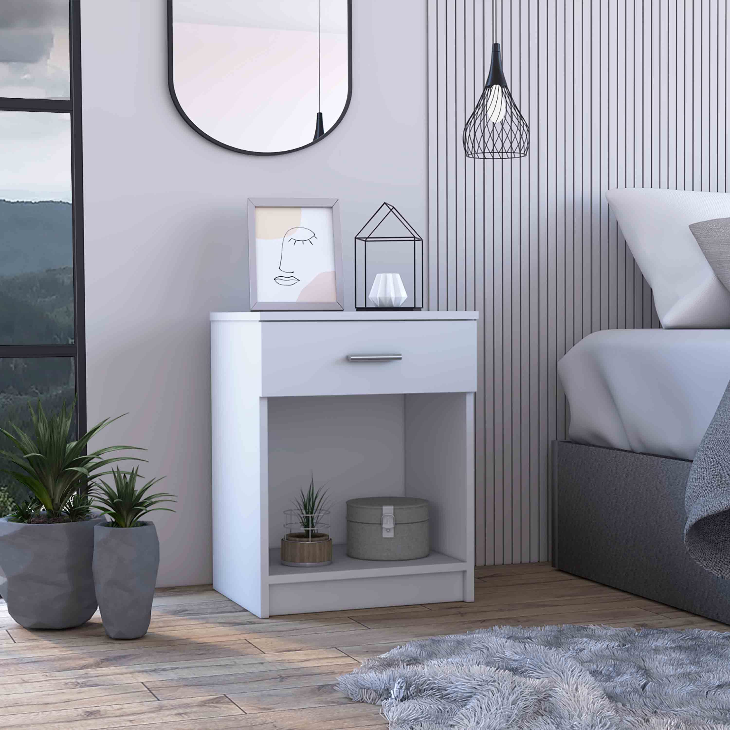 Eco Nightstand , End Table, Side Table Superior Top,  One Drawer, Lower Shelf -White