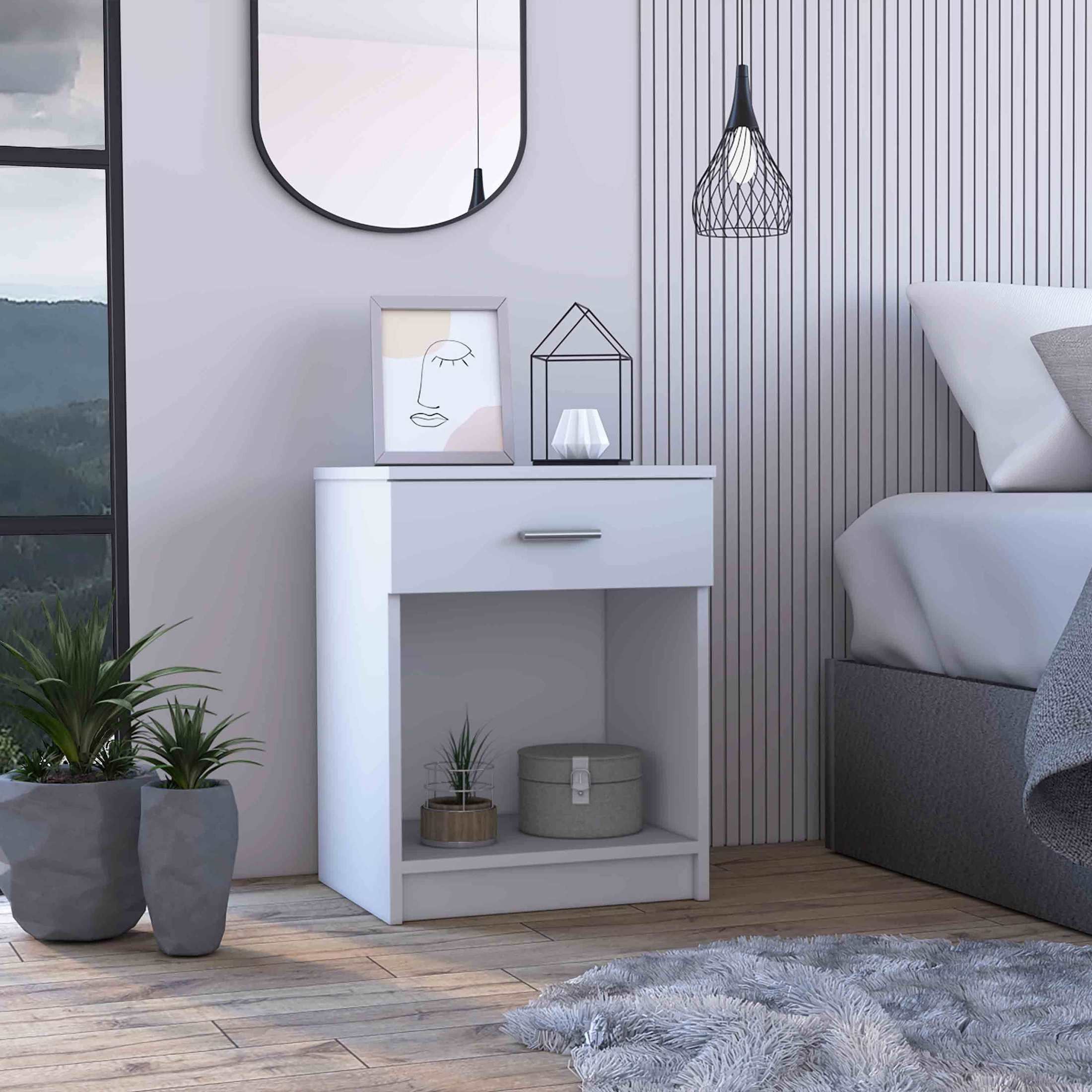 Eco Nightstand , End Table, Side Table Superior Top,  One Drawer, Lower Shelf -White