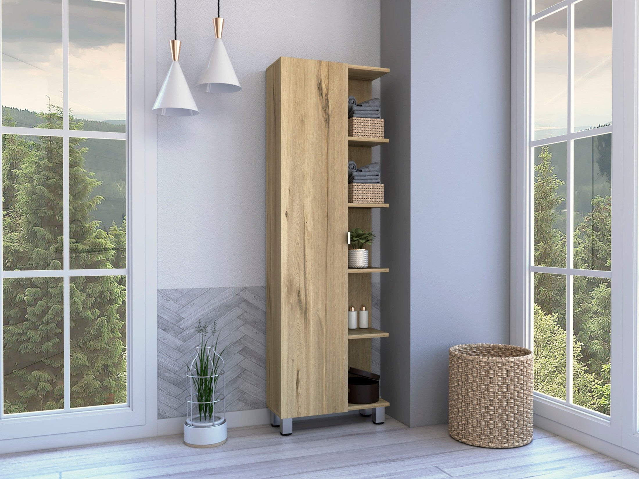 Los Angeles Linen  Cabinet, Five Shelves, One Cabinet, Divisions