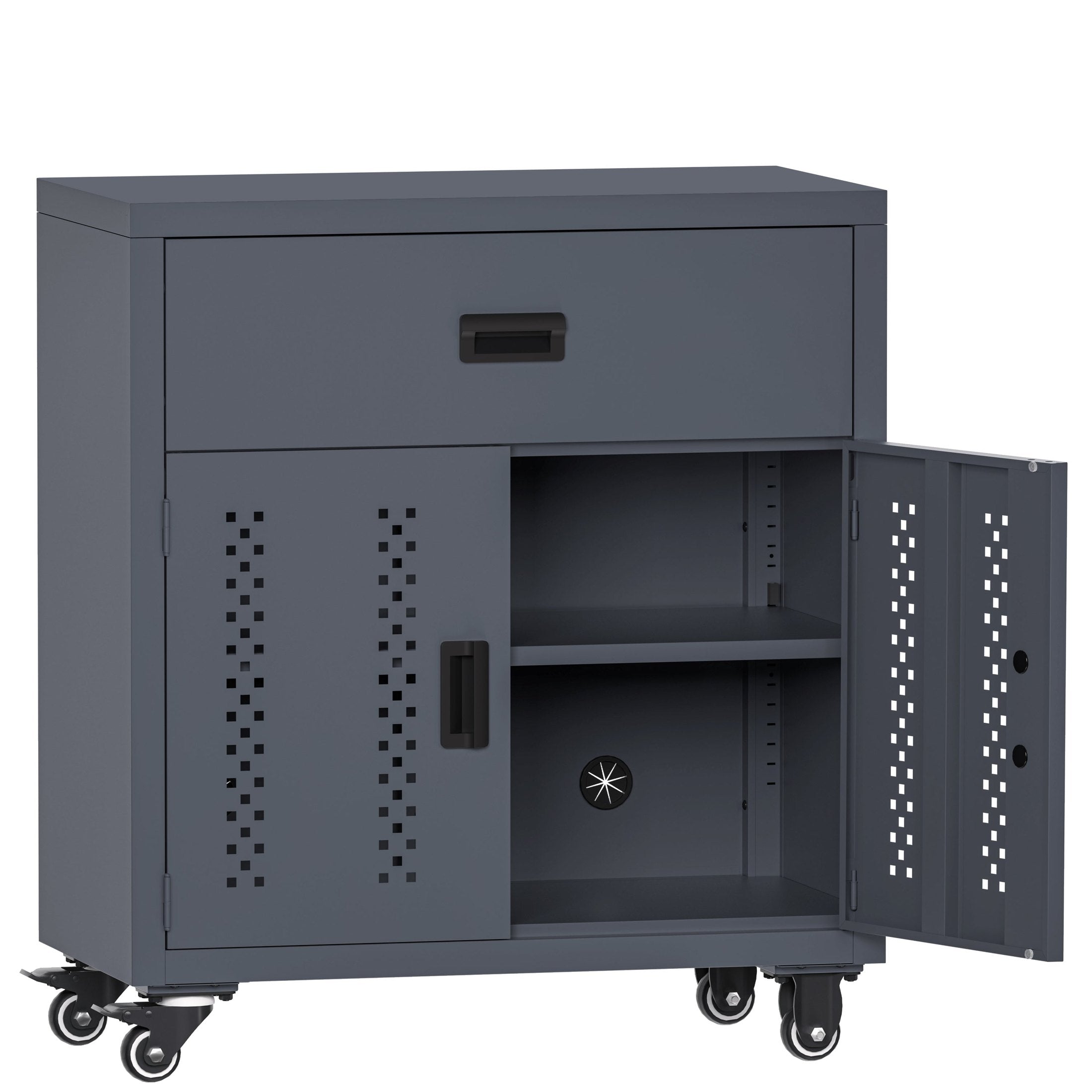 Metal garage storage cabinet with lockable door and adjustable shelves, rolling tool storage cabinet with 4 wheels - 31.49-inch steel lock cabinet, suitable for garages and warehouses (gray)