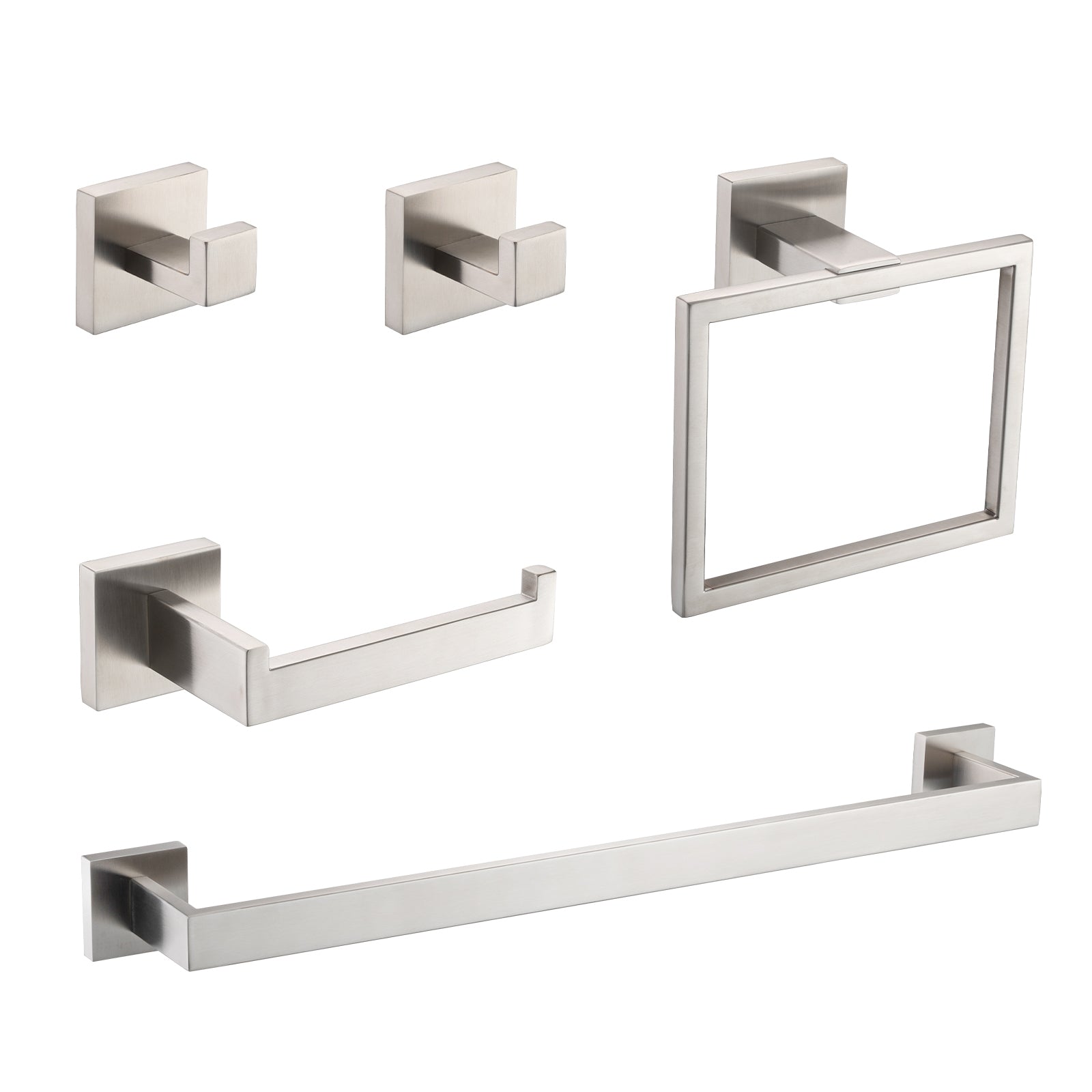5-Piece SUS304 Bathroom Set: Towel Bar + Ring + Hooks + TP Holder, Brushed Finish