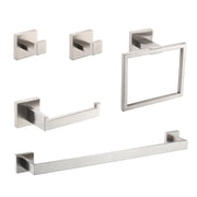 5-Piece SUS304 Bathroom Set: Towel Bar + Ring + Hooks + TP Holder, Brushed Finish
