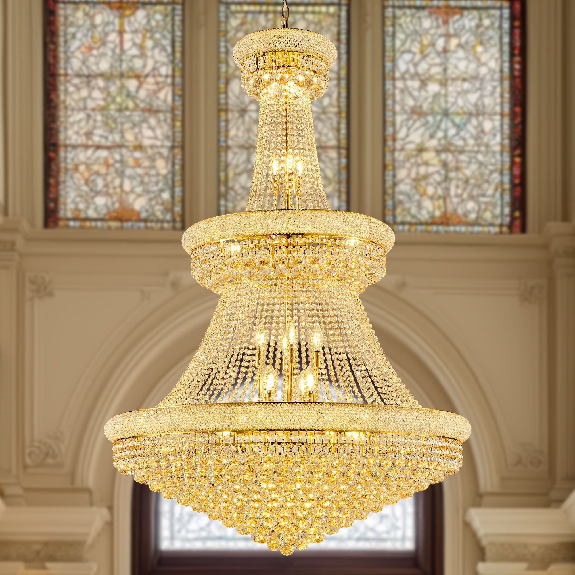 Luxury Gold Crystal Chandelier, 42-Inch 3-Tier Empire Style with 36 E12 Bulbs 480 Spare Hand-Strung K9 Crystals, Adjustable 79-Inch Chain, Perfect for Foyer, Staircase, Double-Height Living Room