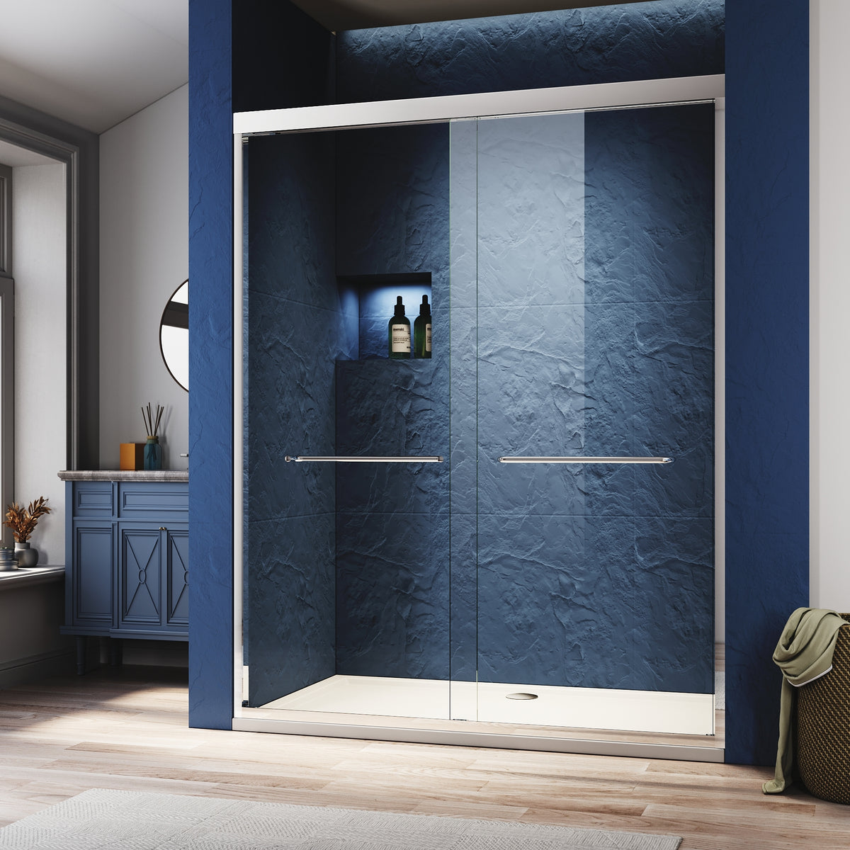 50-54 in. W x 72 in. H Chrome Finish,Sliding Shower Glass Door Adjustable Semi Frameless Shower Door,Certified Thick Clear Clear Tempered Glass,304 Stainless Steel Handles