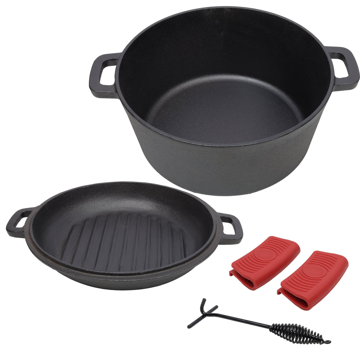 3 in 1 Pre-Seasoned Cast Iron Dutch Oven, Outdoor Camping Deep Pot, Black, 5 Quart with Silicone Handles