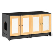 Modern Black Double Litter Box Enclosure with Rattan Doors for Two Cats, 47' L x 19.8' W x 21.8' H