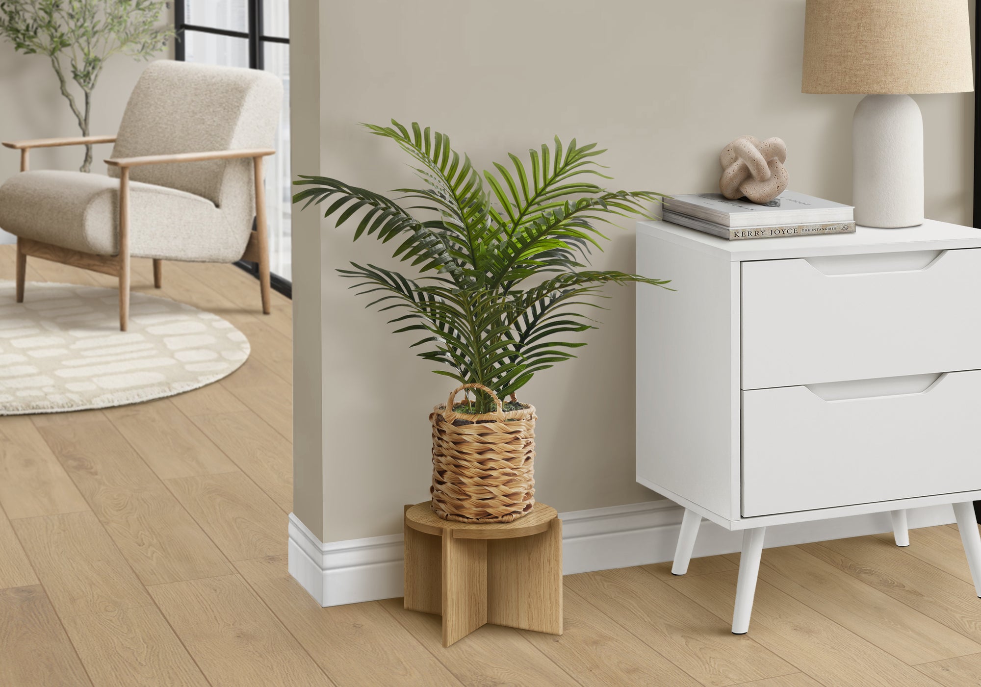 Artificial Plant, 24' Tall, Palm, Indoor, Faux, Fake, Table, Floor, Greenery, Potted, Real Touch, Decorative, Green Leaves, Beige Woven Basket