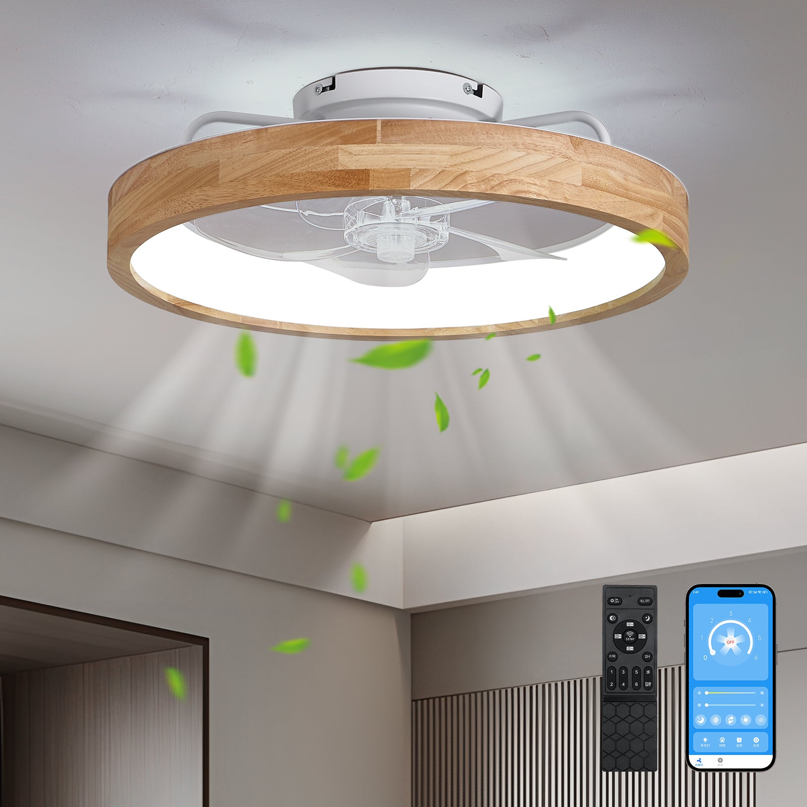 20 Inchs Low Profile Ceiling Fans with Lights and Remote Flush Mount Wooden Ceiling Fan and Light,3000-6000K Dimmable LED Fan Lighting Timing 6 Speeds Reversible Small Fans Light for Bedroom