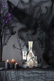 10x8.3x13.5' Cardboard Lighted Haunted House, Black Beige Tabletop holiday halloween decor, Battery Powered