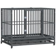 PawHut 43' Heavy Duty Dog Crate Metal Cage Kennel with Lockable Wheels, Double Door and Removable Tray, Grey