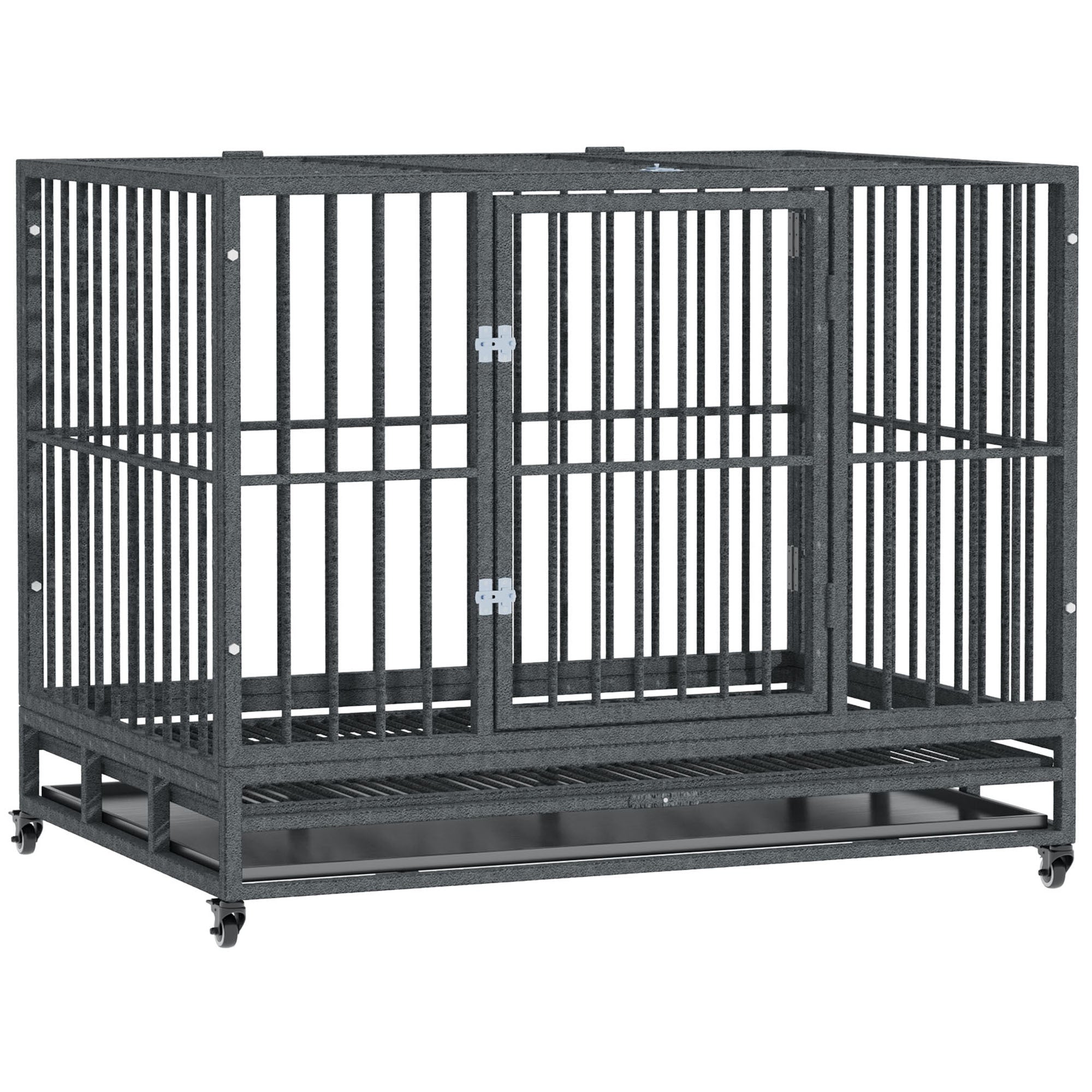 PawHut 43' Heavy Duty Dog Crate Metal Cage Kennel with Lockable Wheels, Double Door and Removable Tray, Grey