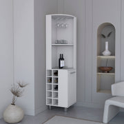 Kaia 70' Tall Corner Bar Cabinet With Four Shelves, Ten Wine Bottle Cubbies and Stemware in White