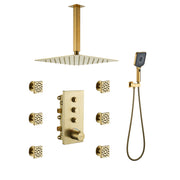 3-Function 12-Inch Ceiling-Mounted Thermostatic Shower System in Brushed Gold with Square Shower Head