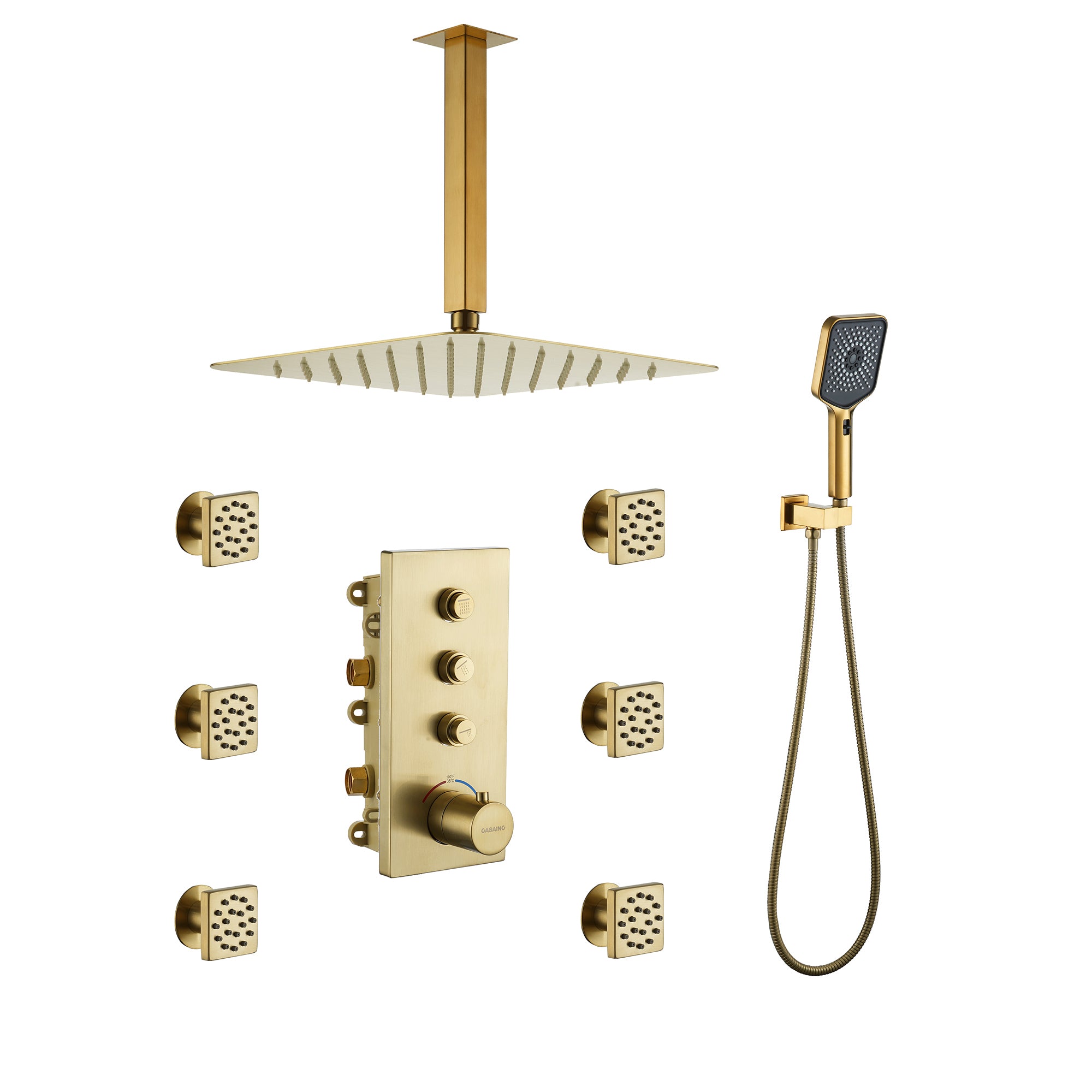 3-Function 12-Inch Ceiling-Mounted Thermostatic Shower System in Brushed Gold with Square Shower Head