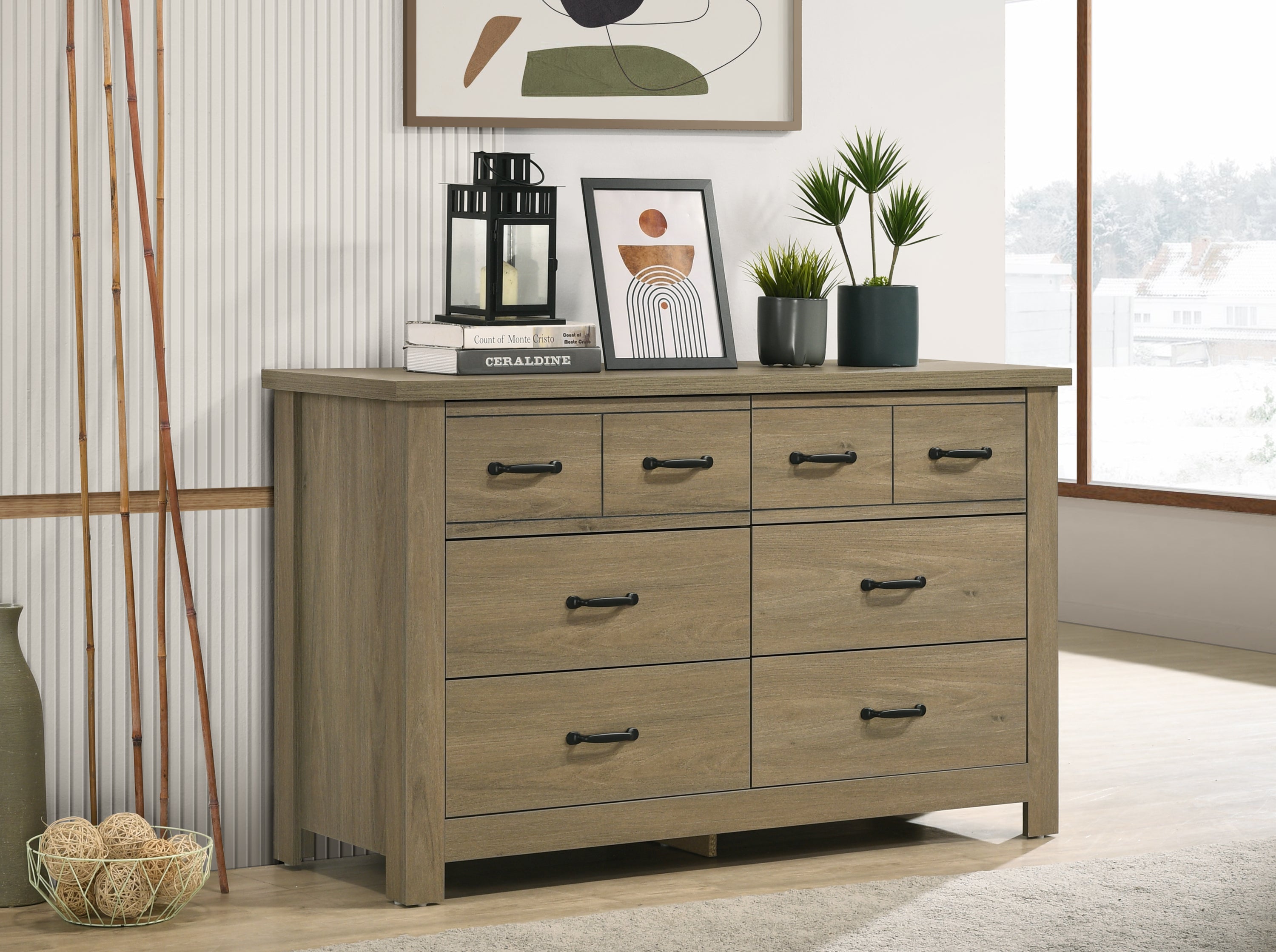 Finn 51' Coffee Gray Oak Finish Dresser with 6 Drawers and Black Handles
