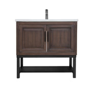 Modern Freestanding 36-Inch Bathroom Vanity with White Ceramic Sink, Hot and Cold Faucet, 2-Door Walnut Cabinet & Open Iron Shelf