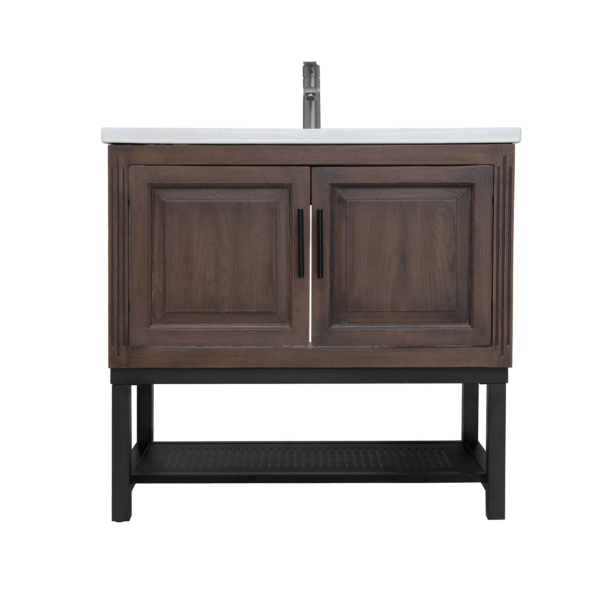 Modern Freestanding 36-Inch Bathroom Vanity with White Ceramic Sink, Hot and Cold Faucet, 2-Door Walnut Cabinet & Open Iron Shelf