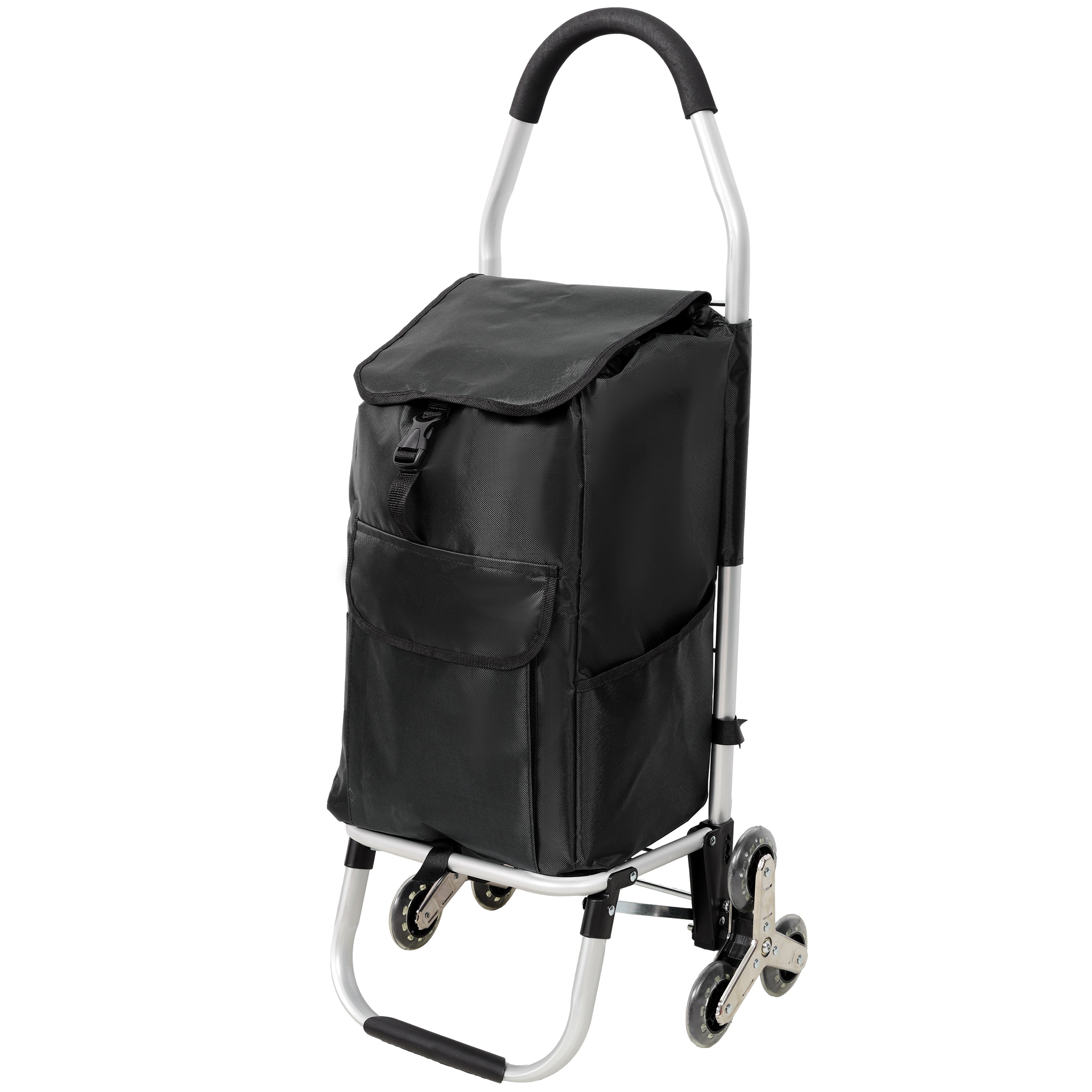Foldable Shopping Stair Trolley with Stainless Steel Triangular Wheels and Removable Waterproof Bag, Black, Aluminium