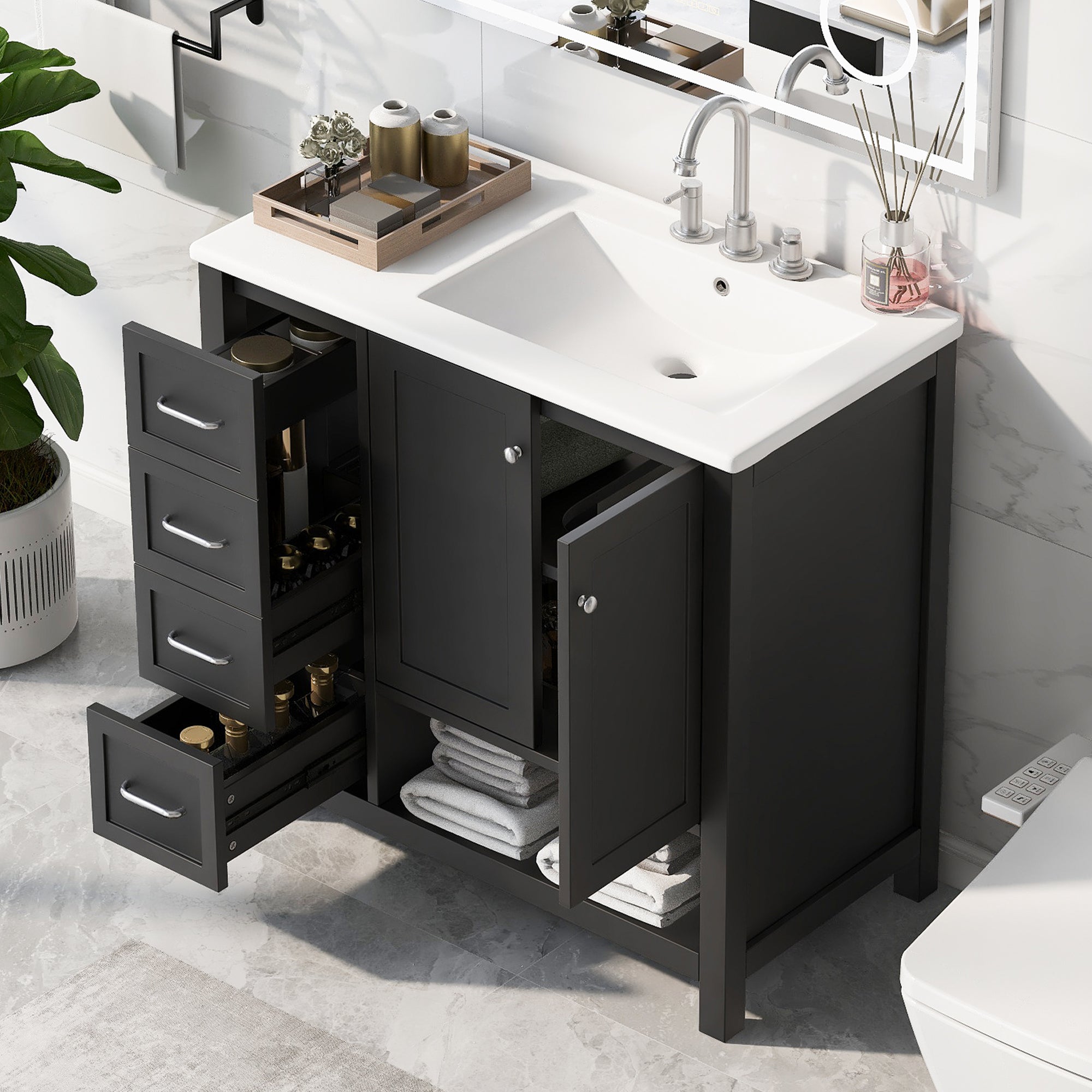 36' Bathroom Vanity with Sink Top, Bathroom Vanity Cabinet with Two Doors and Two Drawers, Solid Wood, Open shelf, MDF Boards, One Package, Black