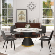 53'Modern Artificial Stone Round Black Carbon Steel Base Dining Table-23.62'White Artificial Stone Turntable-Can Accommodate 6 People