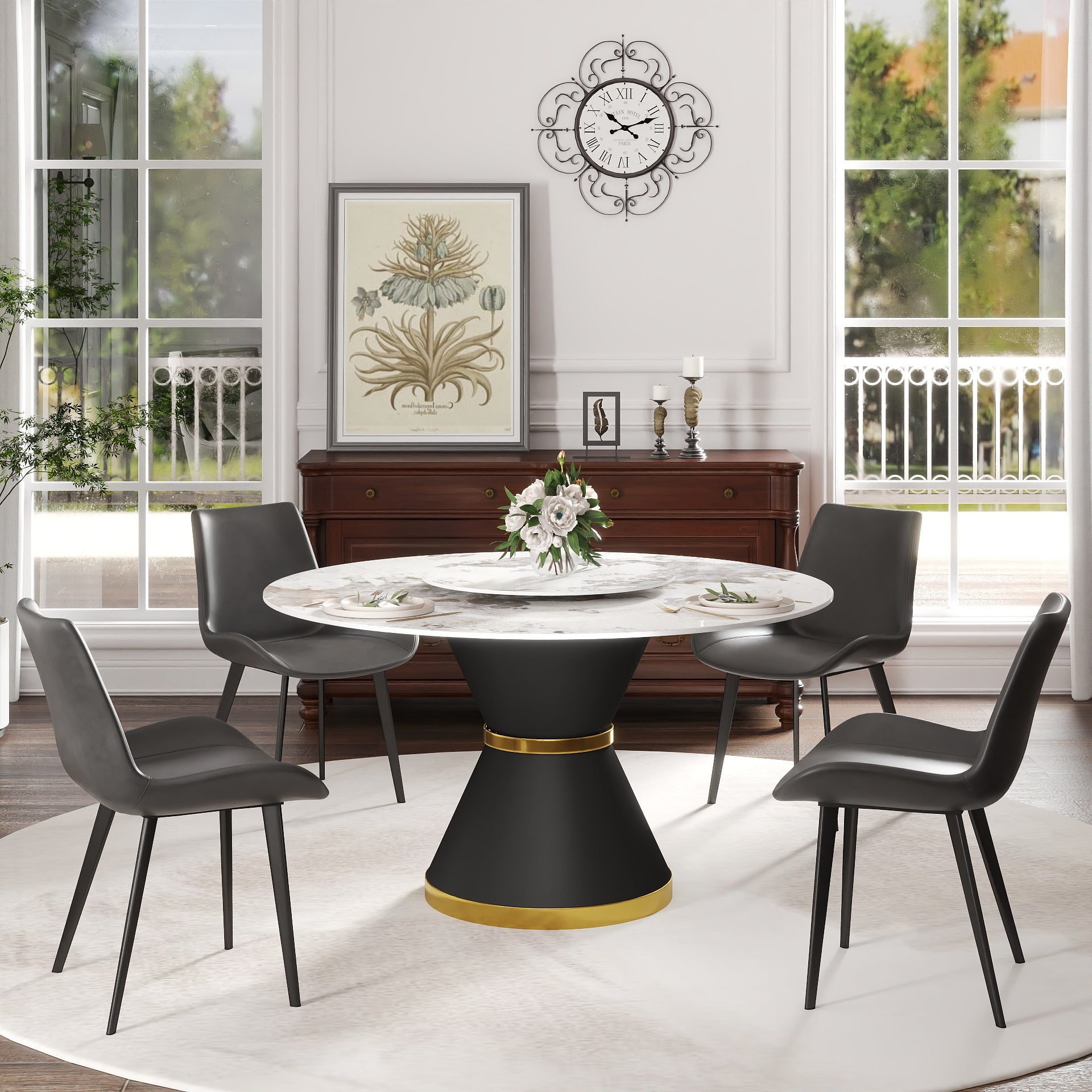 53'Modern Artificial Stone Round Black Carbon Steel Base Dining Table-23.62'White Artificial Stone Turntable-Can Accommodate 6 People