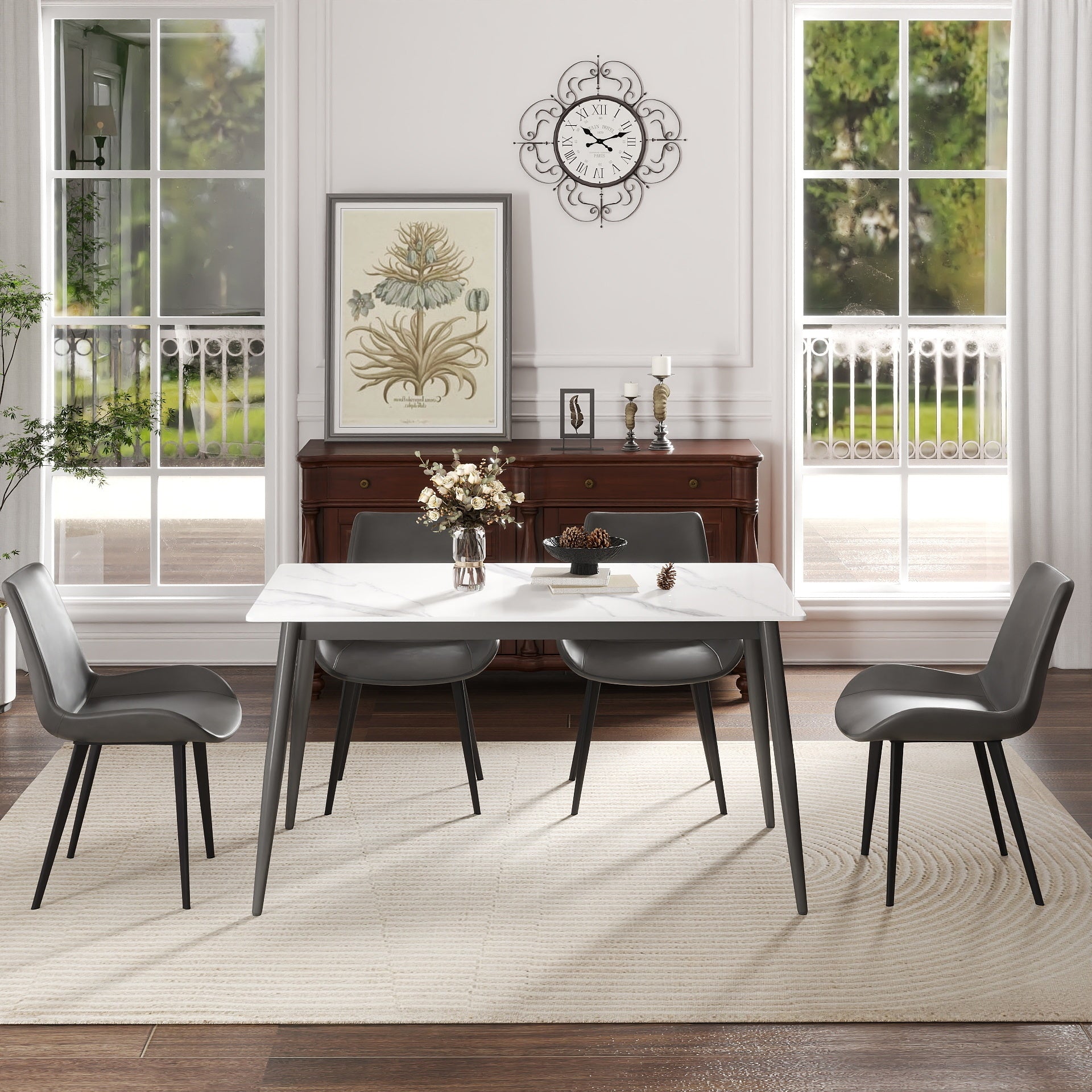 55.12' Modern Artificial Stone White Straight Edge Dark Grey Metal Leg Dining Table-Can Accommodate 6 People(Dining Table Only)