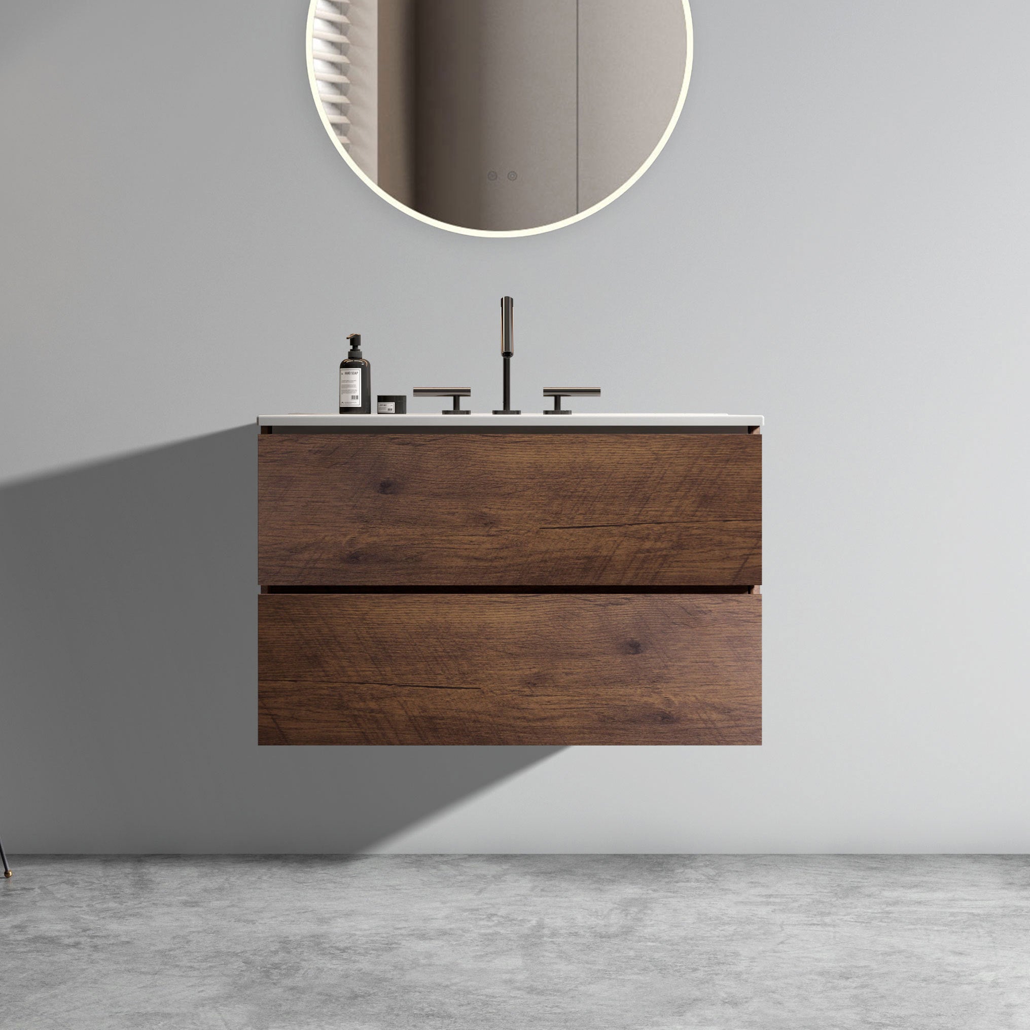 Wall Mount 30' Walnut Bathroom Vanity with Ceramic Sink with three faucet holes, Large Storage Floating Bathroom Vanity for Modern Bathroom, One-Piece Sink Basin without Drain, Pre-assembled
