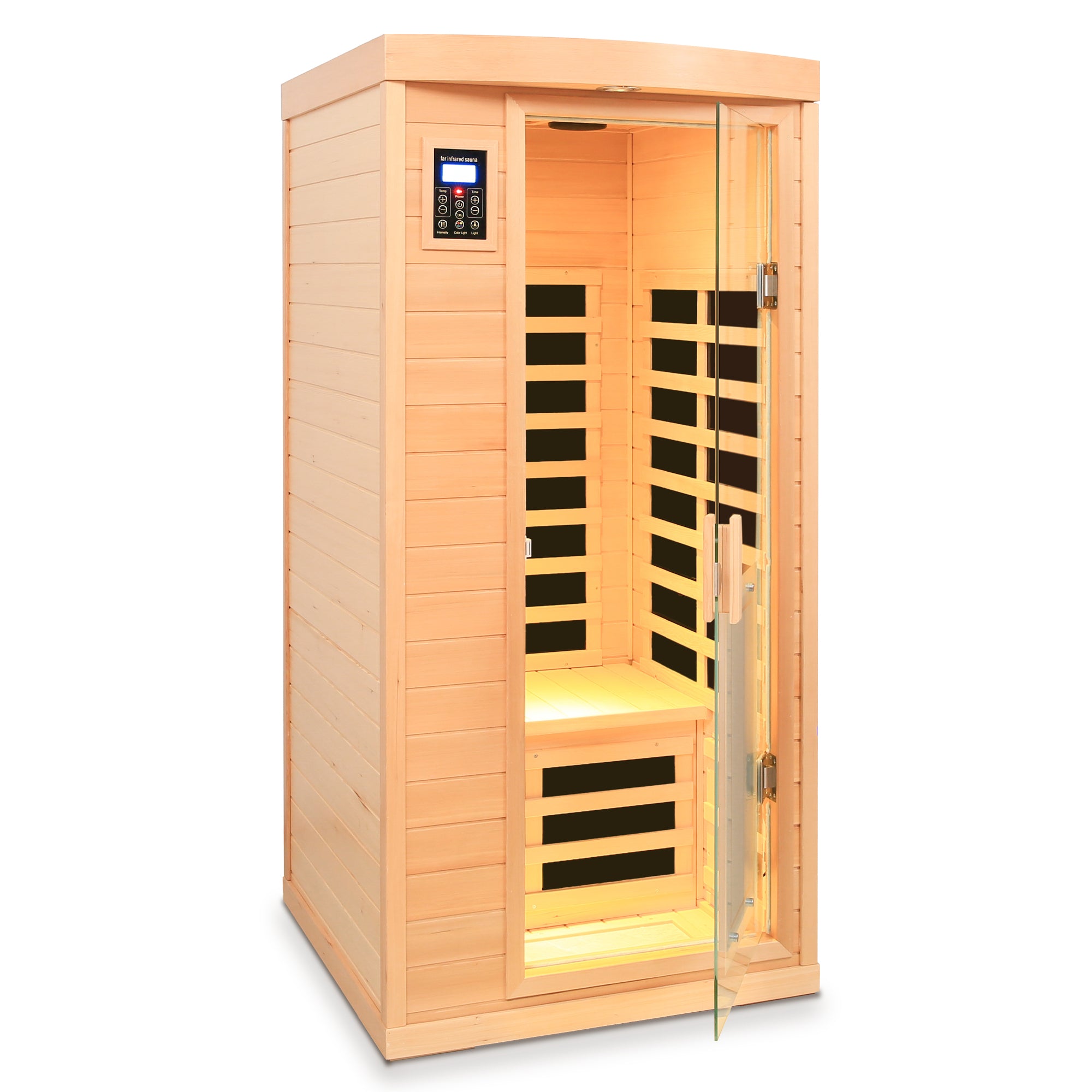 Low EMF Hemlock Far-infrared Indoor Sauna Room with Heating Panel for One Person, Natural Wood Finish