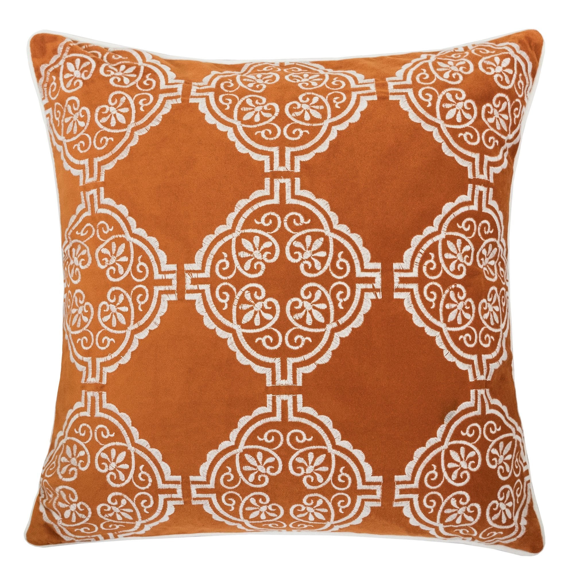 Burnt Orange Damask Embroidered Throw Pillow – Boho Geometric Cushion