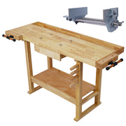 55-Inch Wood Workbench - Wooden Workbench for Garage Workshop and Home, with Rapid Action Woodworking Vise 10.5 Inch Jaw Width Made with Heavy-Duty Cast Iron , GRAY COLOR