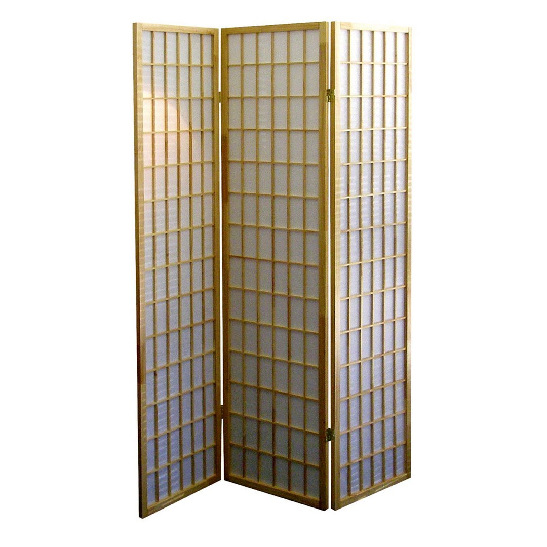 70' Tall 3-Panel Screen / Room Divider, Japanese Style with Natural Wood finish