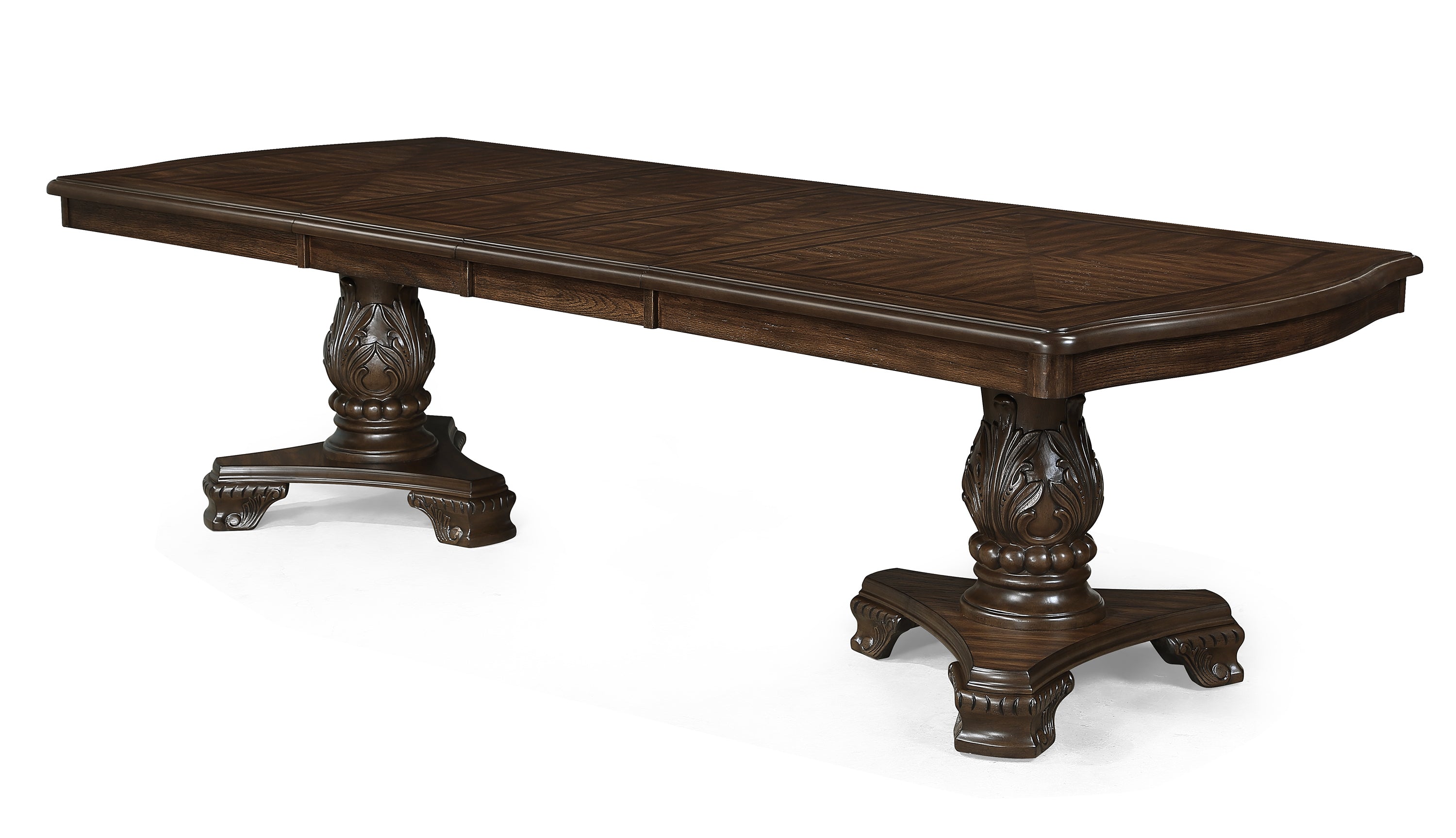 Formal 1pc Grand Rectangular Dining Table 18' Extendable Leaf Rich Dark Coffee Brown Finish Intricately Carved Double Pedestal Base Solid Wood