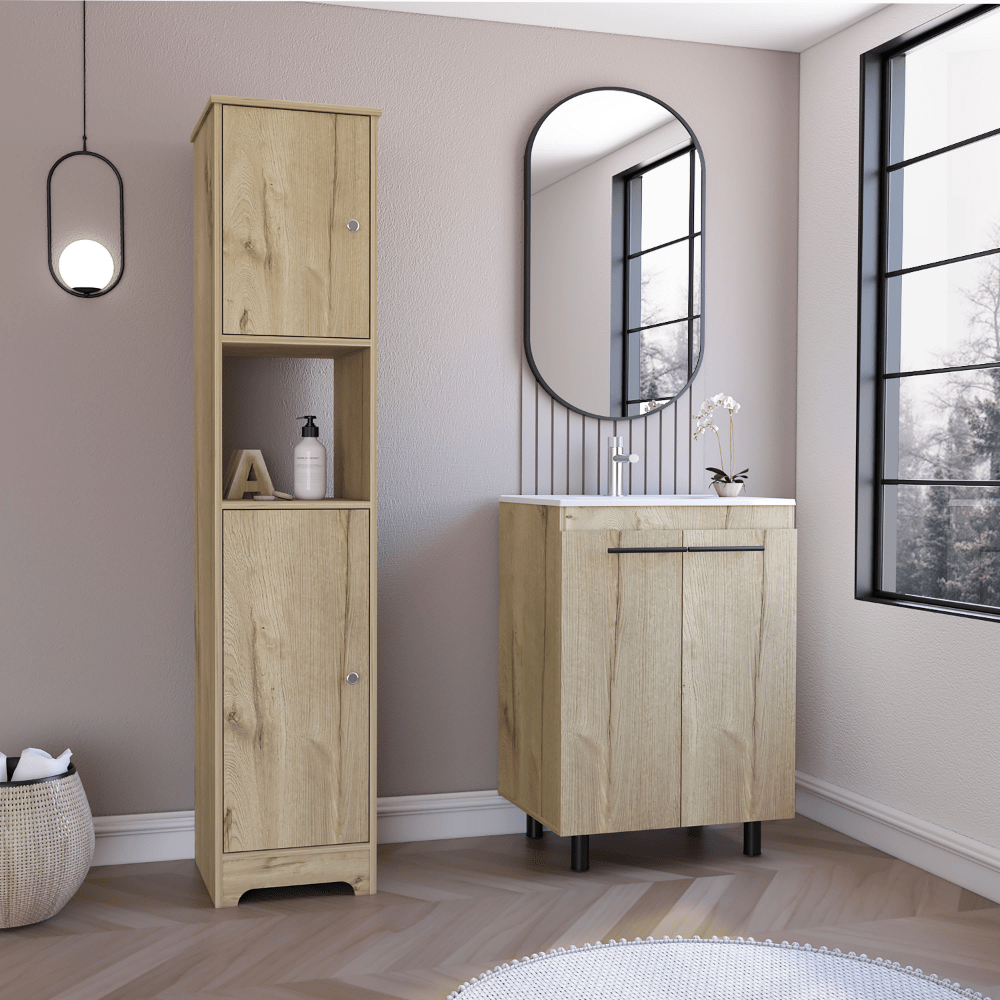 2 Piece Bathroom Set, Yaka Linen Cabinet + Dustin Free Standing Sink Cabinet , Light Oak