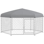 PawHut 6.9' x 6.1' x 4.9' Dog Kennel Outdoor Dog Run with Waterproof, UV Resistant Roof, Lockable Door, for Medium and Large-Sized Dogs, Silver