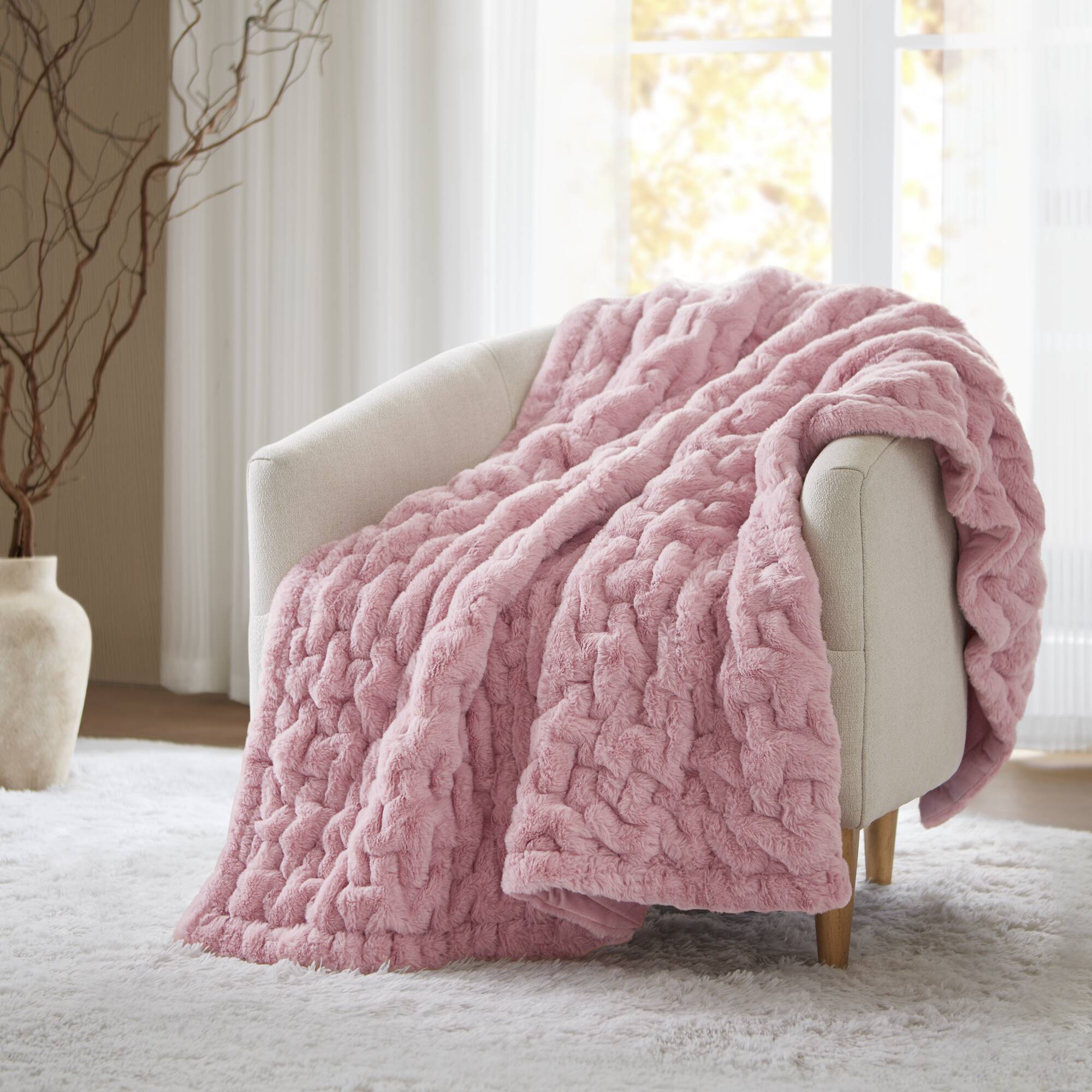 1 PC 50x60' Ruched Fur Throw Pink