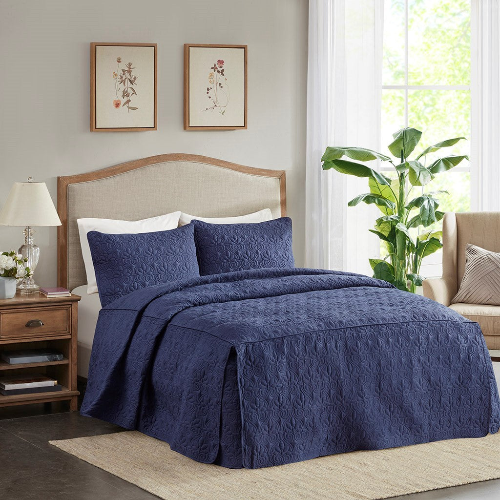 3 Piece Split Corner Pleated Quilted Bedspread Navy King