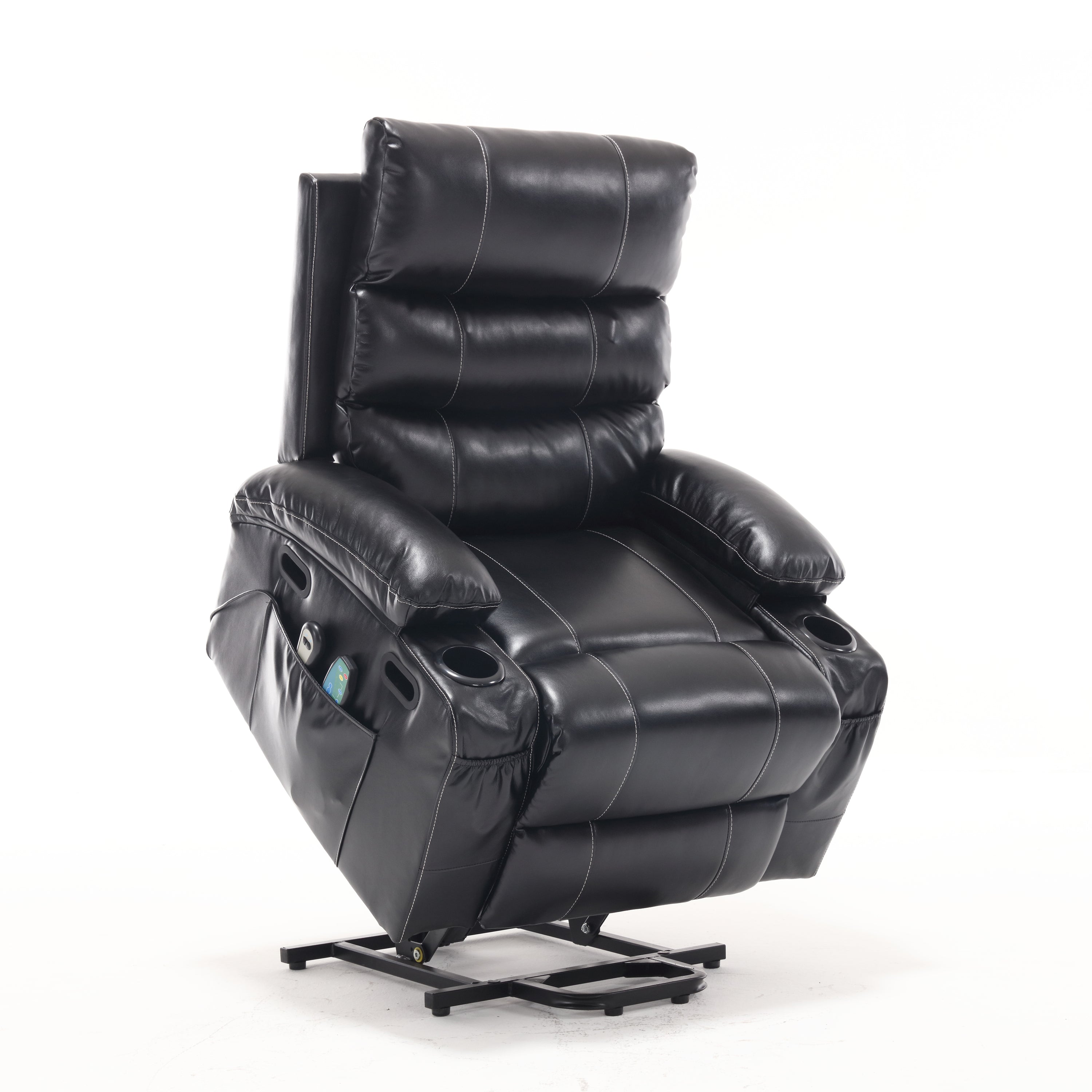 Electric Power Lift Recliner Chair Sofa for Elderly with Vibration Massage, Lumber Heat, Remote Control, Side Pockets and Cup Holders, Black PU, 21' Seat Width
