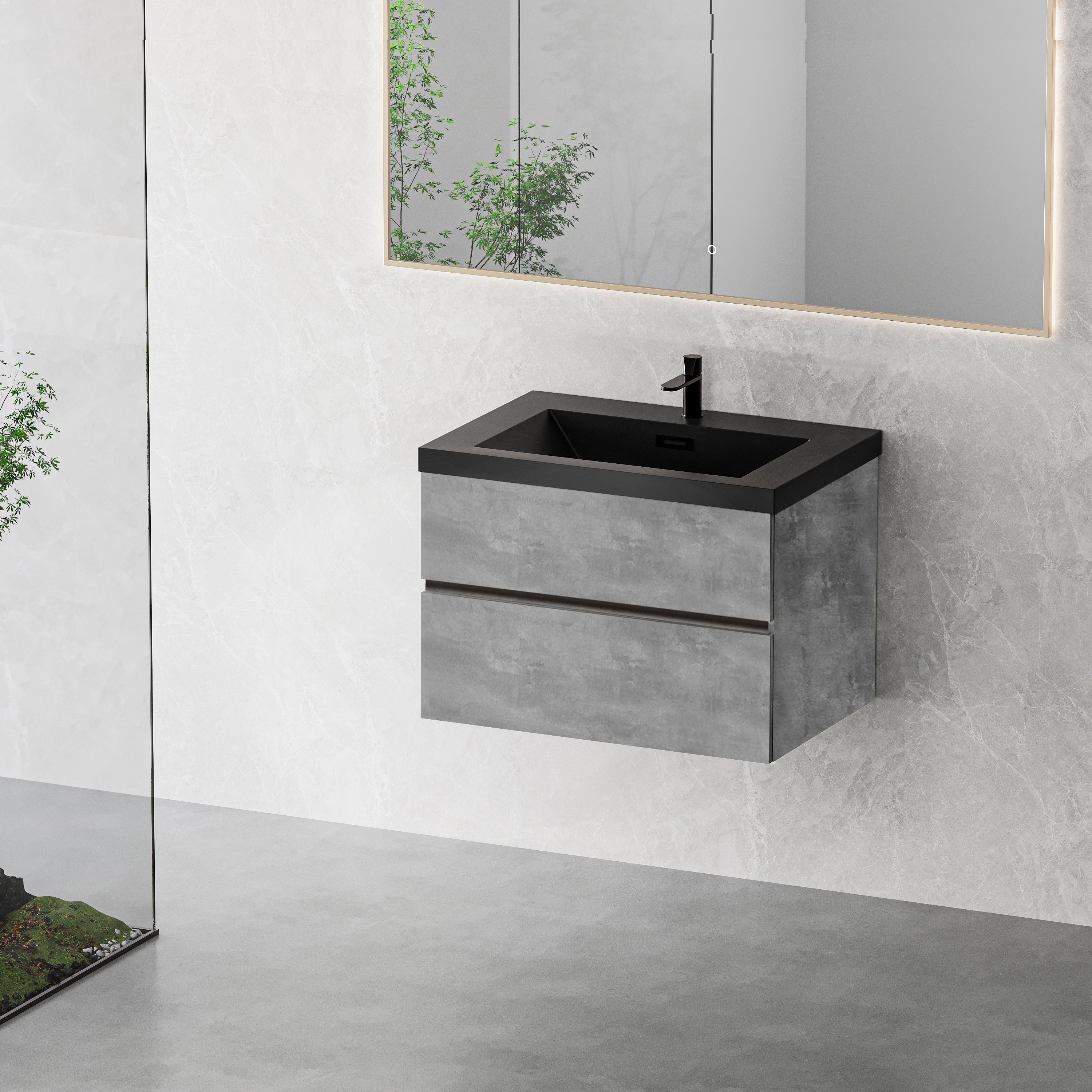 30' Floating Bathroom Vanity with Sink, Modern Wall-Mounted Bathroom Storage Vanity Cabinet with Black Quartz Sand Top Basin and Soft Close Drawers, EDI-Series Cement Grey GF-24V12-30GR