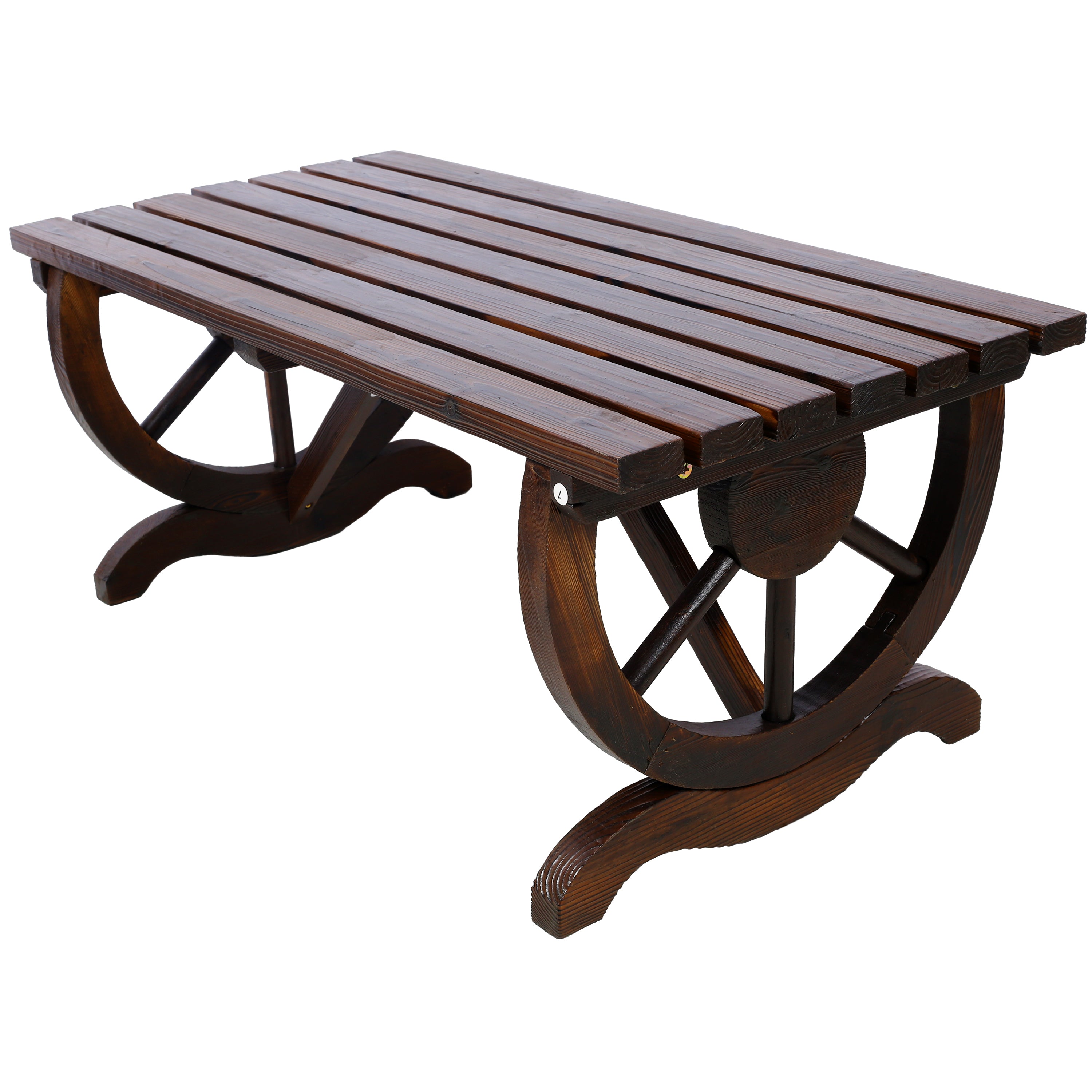Rustic Wooden Bench with Wagon Wheel Legs for Garden and Patio, Brown, Solid Fir Wood, 38.5 x 19 inches