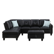 Irine Traditional Faux Leather Sectional Sofa with Ottoman and Storage in Black