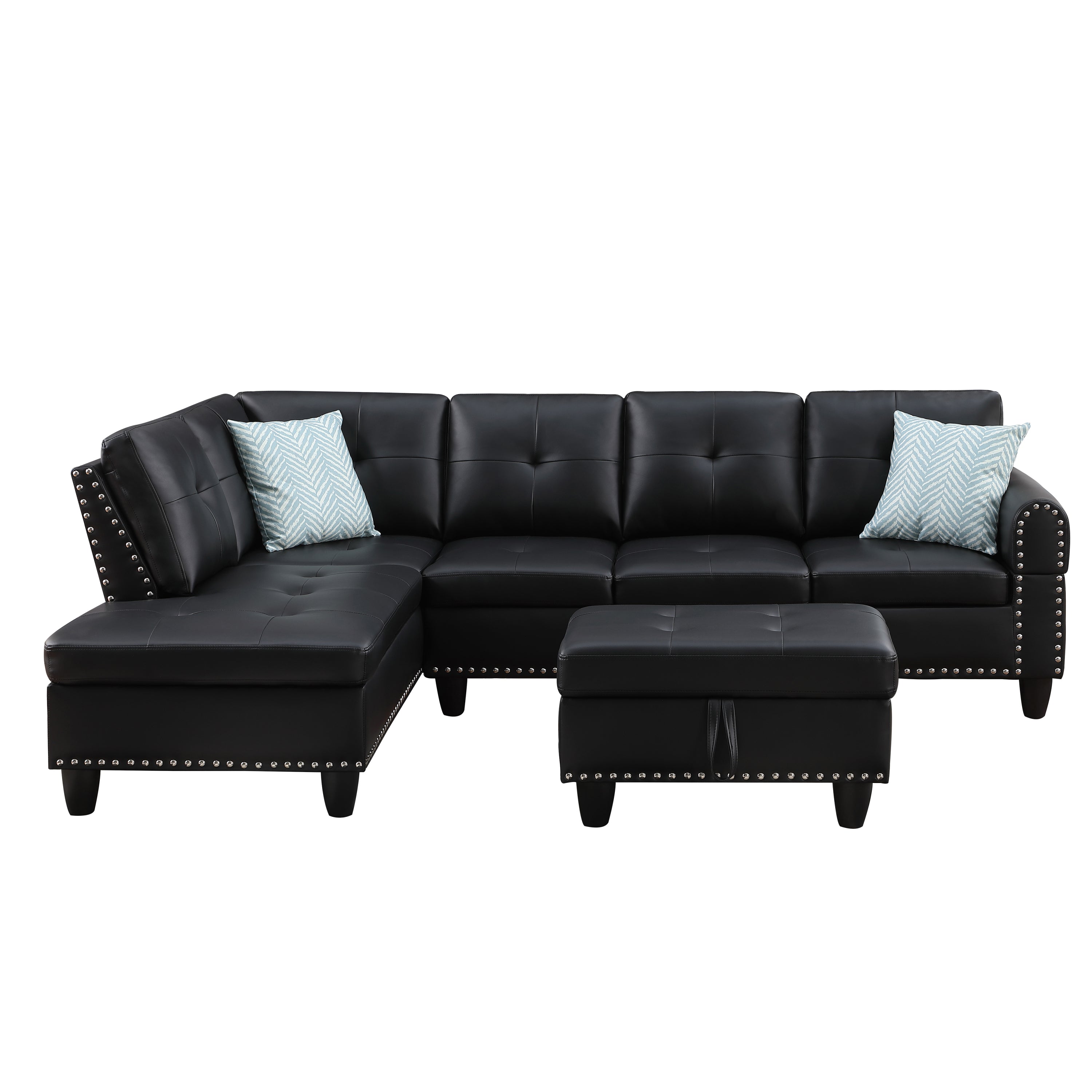 Irine Traditional Faux Leather Sectional Sofa with Ottoman and Storage in Black