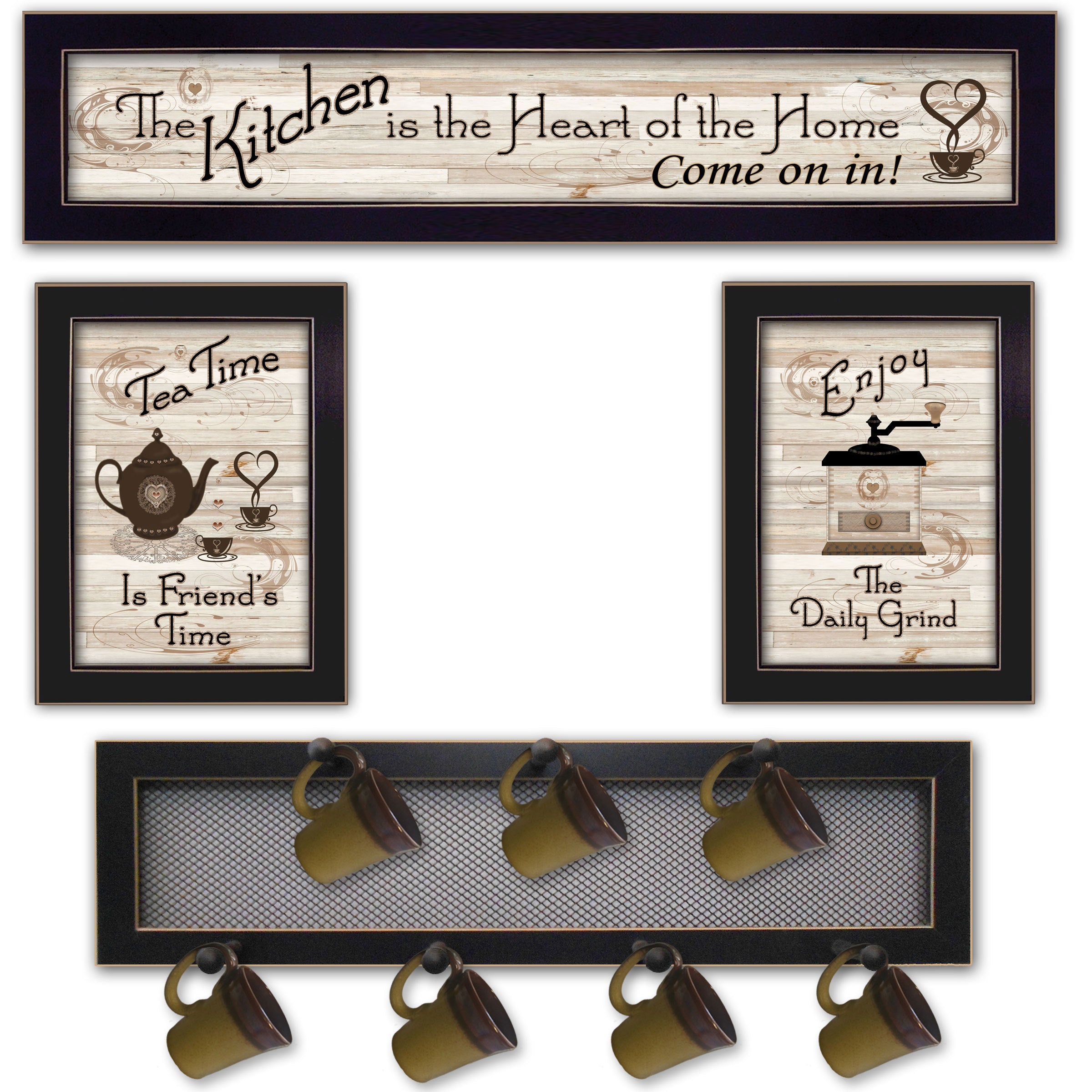 'Kitchen Collection IV' 4-Piece Vignette with 7-Peg Mug Rack by Millwork Engineering, Black Frame