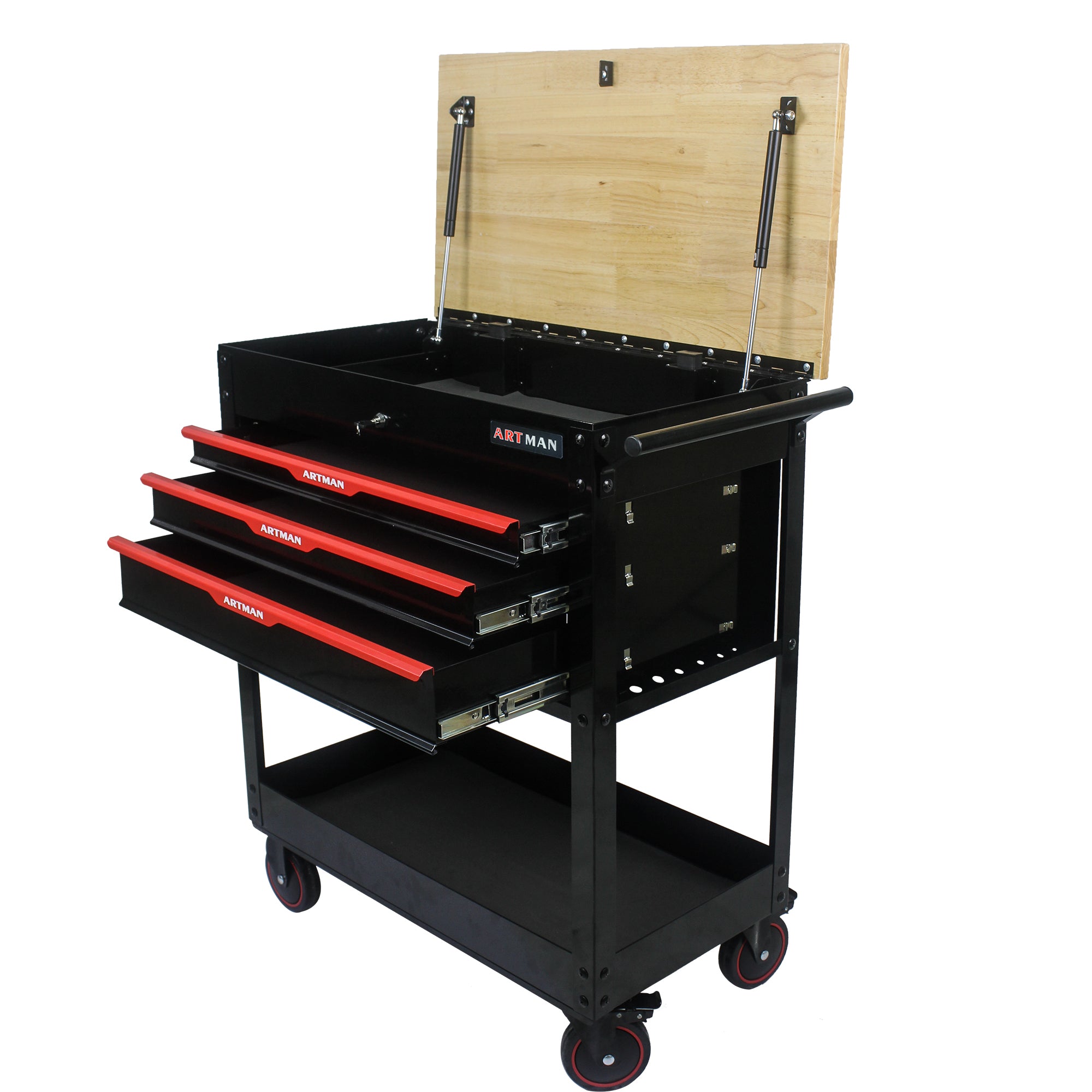 3 DRAWERS MULTIFUNCTIONAL TOOL CART WITH WHEELS AND WOODEN TOP--BLACK&RED