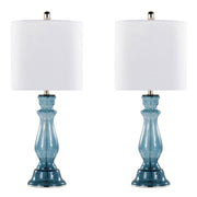 Bishop 25' Contemporary Glass Table Lamp in Clear Angel Blue Seeded Glass, Polished Nickel and White Linen Shade from Grandview Gallery by LumiSource - Set of 2